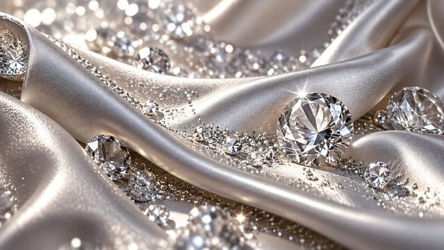 Diamonds rest across folded satin fabric. One large gemstone shows crisp geometric facets and brilliant sparkle. Luxury jewelry and wedding celebration styling create a glamorous setting.
