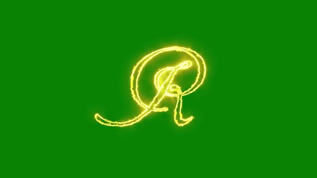 Glowing yellow gold letter R alphabet animation neon typography with chroma key green screen 4K