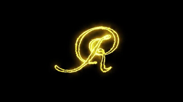 Glowing yellow gold letter R alphabet animation neon typography with alpha channel black background 4K