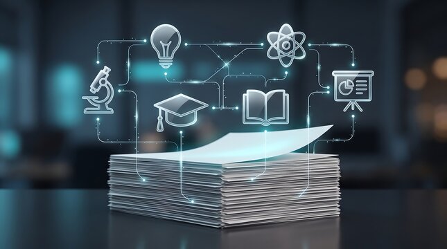Academic and educational research concept featuring holographic icons of lightbulb graduation cap book atom and presentation board floating over stack of books for study and learning