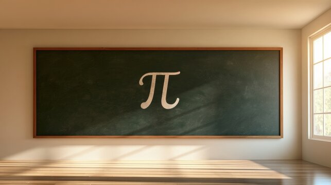 A large chalkboard shows pi written in chalk along with its value in a classroom filled with warm light. This captures a math education concept.