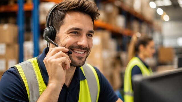 Smiling Warehouse Worker Wearing Headset Providing Logistics and Customer Support