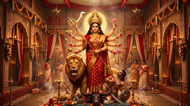 Goddess durga idol standing on lion with demon in traditional temple setting