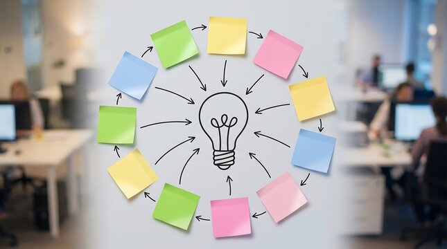Business brainstorming and creative idea development concept with lightbulb icon surrounded by colorful sticky notes on whiteboard representing collaborative project planning and innovation