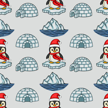 Seamless vector pattern with cute Christmas penguins in Santa hats and igloos on a light grey background