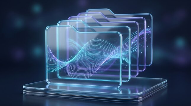 Transparent digital folders stacked with flowing wave patterns of light in a dark virtual space representing data organization and digital storage solutions for modern technology