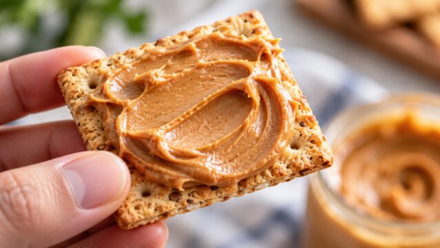 Close Up of Crisp Cracker with Creamy Peanut Butter Spread Held in Hand