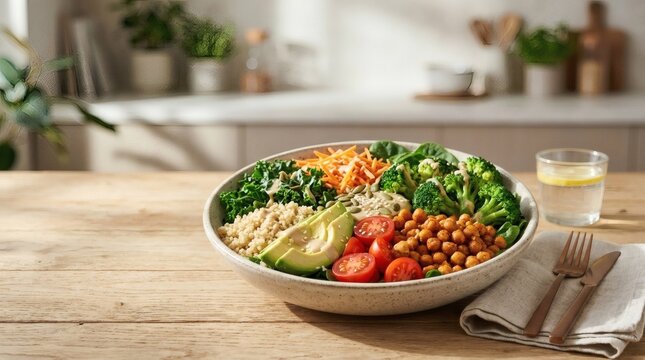 Healthy quinoa bowl with roasted chickpeas avocado and fresh vegetables