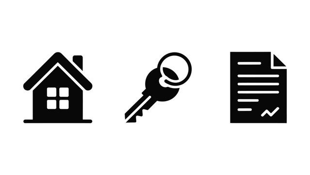 Set of three black icons representing a house a key and a document each with clean and minimal design on transparent background