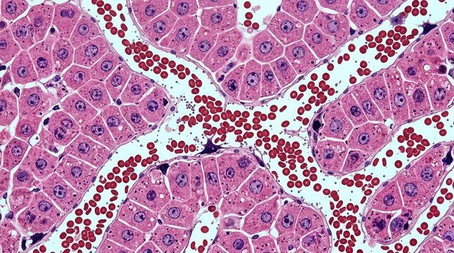 Microscopic visualization of liver sinusoidal circulation, irregular vascular channels filled with red blood cells passing between densely organized hepatocytes