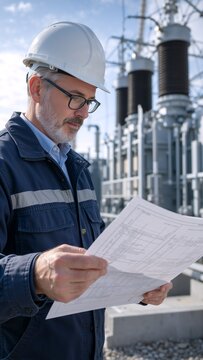 A professional engineer wearing a white safety helmet and glasses examines detailed blueprints at an electrical substation. The setting features industrial electrical equipment and transformers under