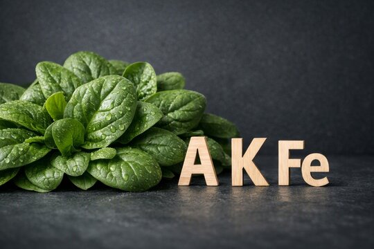 Fresh spinach leaves with wooden letter blocks showing k and fe vitamins and minerals concept for health background and nutrition design