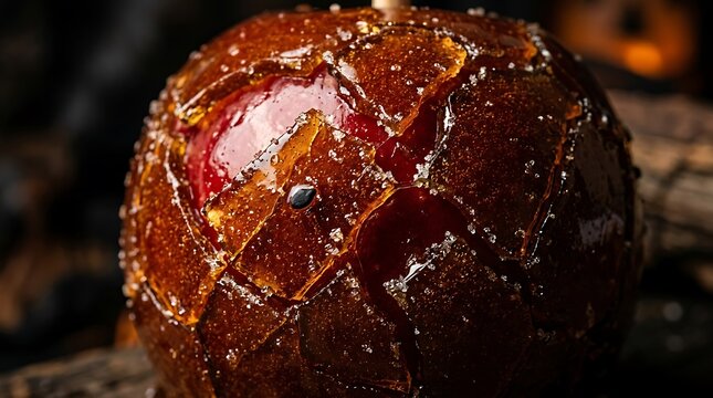 Close-up, macro shot of a glistening, deep amber caramel candy apple, covered in cracked sugar shards and glistening crystals, with a dark, moody,.