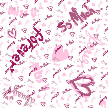 Seamless valentine doodle pattern with love text and hearts isolated on transparent background