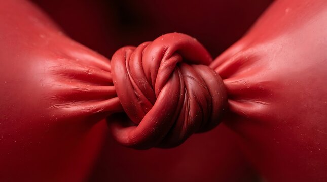Intricate Macro Close-up of a Tightly Tied Red Balloon Knot, Showcasing Textured Surface and Deep Crimson Hue, Symbolizing Connection, Celebration, or.