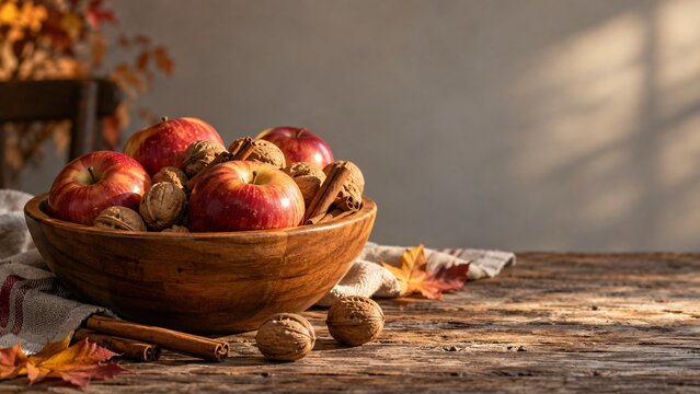 A wooden bowl holds apples, walnuts, and cinnamon sticks on a rustic table. Fallen maple leaves surround the bowl. Autumn harvest decor presents a warm seasonal still life for Thanksgiving.