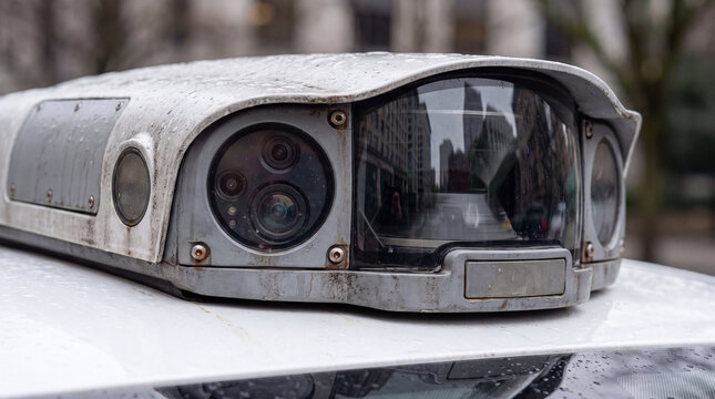 Traffic Enforcement Camera on a Vehicle: A close-up view of a modern traffic enforcement camera mounted on the roof of a vehicle.