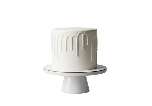 A white frosted cake with dripping icing on a cake stand isolated on transparent background