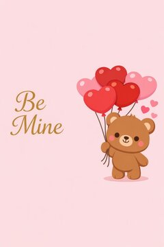 Cute teddy bear holding heart shaped balloons with "be mine" text for valentine's greeting card background and romantic poster design