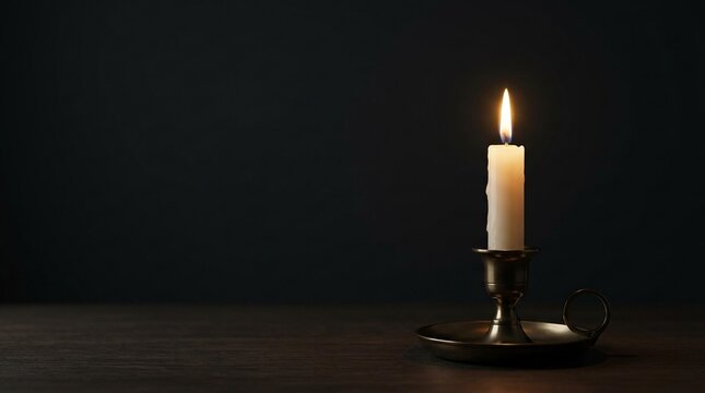 Single lit white candle in a vintage brass candlestick on a dark table