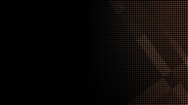 Golden pixelated LED screen light leak overlay background. Abstract warm halftone dot matrix futuristic transition. Glowing digital cyber mesh interference blinking effect