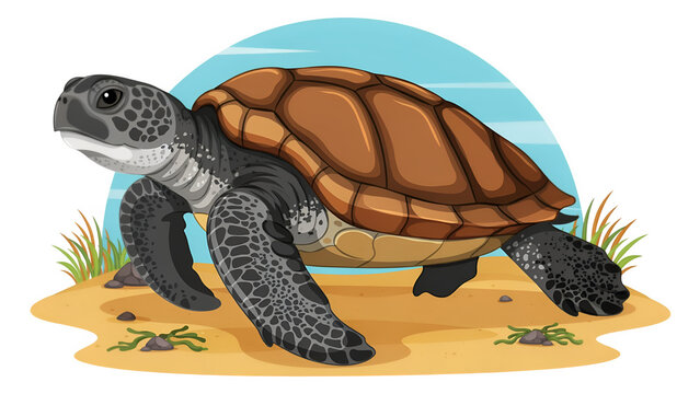 Cartoon sea turtle walking on a sandy beach with ocean background, vector illustration.