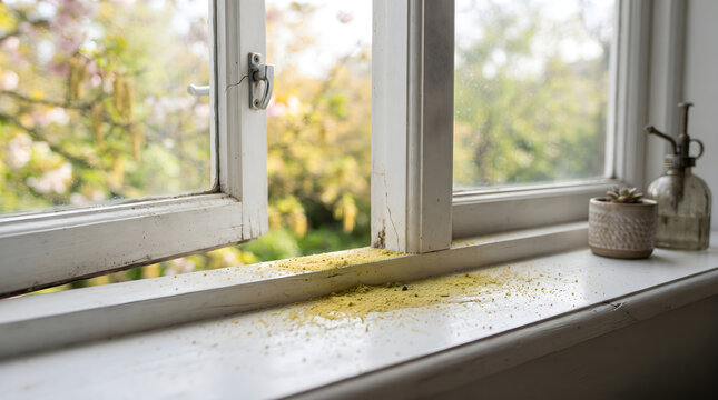 Pollen allergy snapshots showing yellow tree powder dust collected on a white wooden windowsill near an open window