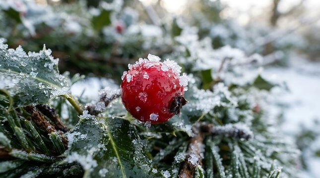 Macro Close-Up of a Vibrant Red Holly Berry Covered in Sparkling Ice Crystals and Frost on a Spiky Green Leafy Branch, Capturing the Serene Beauty of a Cold.