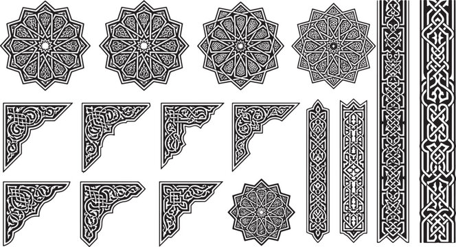 Set of Decorative Geometric Ornaments with Intricate Traditional Arabesque Patterns and Linear Borders Vector Design