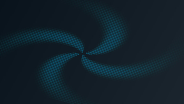 Abstract blue swirl pattern made of halftone dots on a dark grey background, vortex motion effect, digital for web