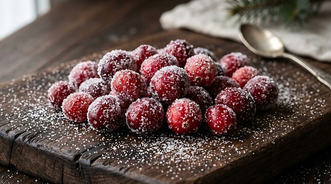 Close-up of fresh, glistening sugared cranberries piled high on a rustic dark wooden board, dusted with fine white sugar crystals, with a subtle hint of pine.