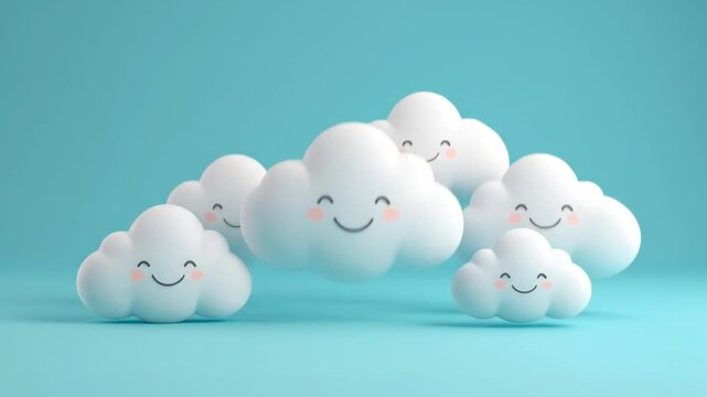 A group of cute smiling clouds on a soft blue background