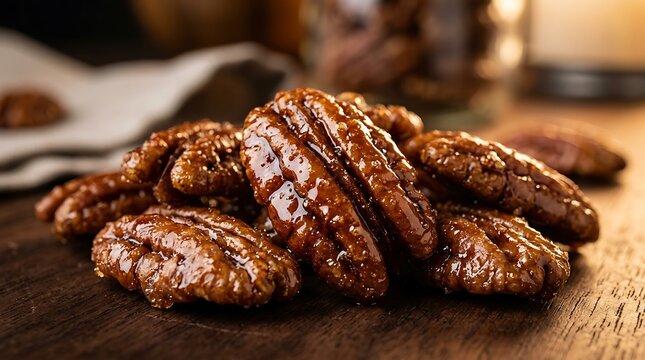 Deliciously Glazed Candied Pecans with a Rich, Glossy Syrup Coating, Presented in a Close-Up Macro Shot on a Rustic Wooden Surface, Perfect for Fall Baking.