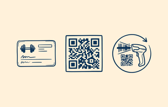 Gym membership pass, digital QR code scanning, and barcode reader vector illustration set.