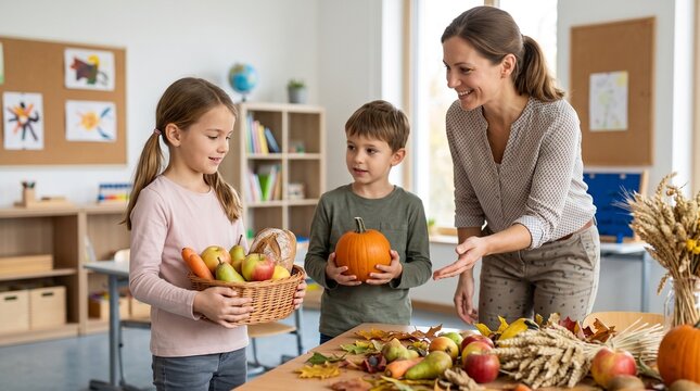 Child bringing harvest basket for Erntedankfest in German classroom with teacher and classmate
