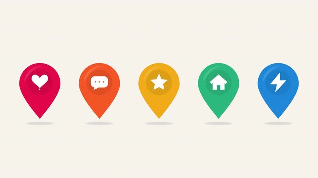 Animated looping pop up colorful map pin location icon set heart chat star home and lightning on transparent alpha channel