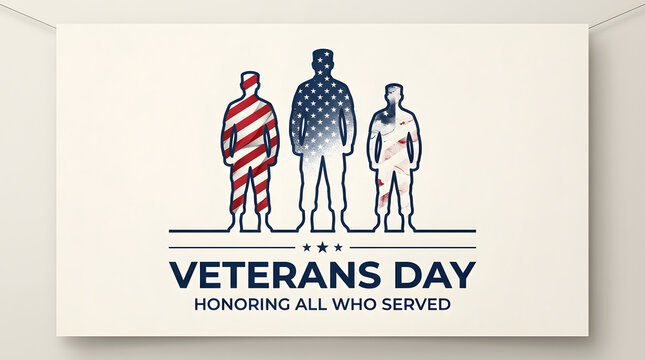 Veterans day banner illustration with silhouettes of soldiers filled with american flag patterns