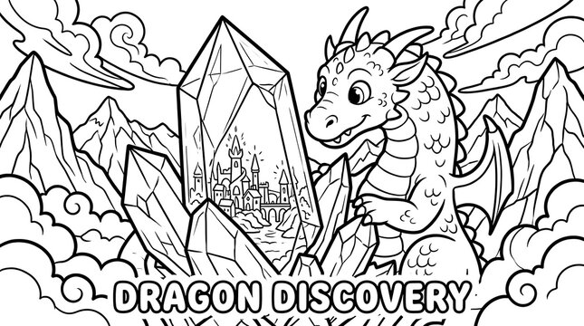 A fantasy coloring page featuring a cute dragon looking at a magical castle inside a giant crystal formation set against a mountain landscape