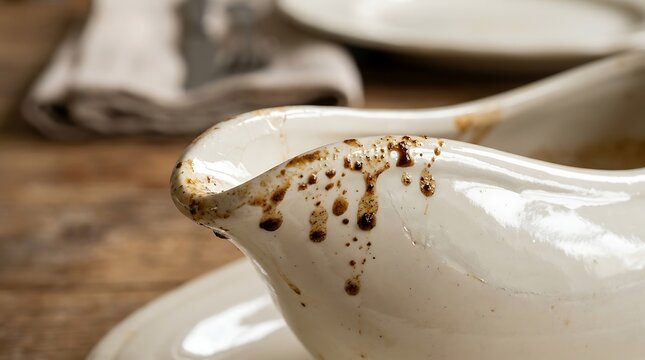 Rustic White Ceramic Gravy Boat with Rich Brown Drippings and Smudges on a Weathered Wooden Table Surface, Soft Natural Light, Shallow Depth of Field, Cozy.