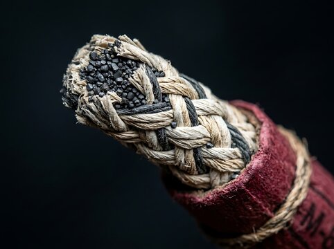 Extreme close-up macro shot of the frayed end of a thick, woven rope, revealing its intricate braided structure, rough natural fibers, dark granular.