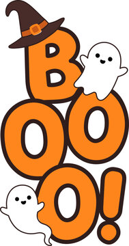 Cute Halloween Boo Design With Orange Lettering Witch Hat And Ghosts