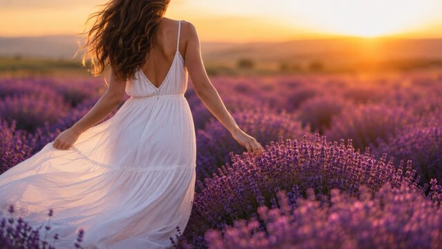 Young Woman in Flowing White Dress Walking Through Blooming Lavender Field at Golden Sunset