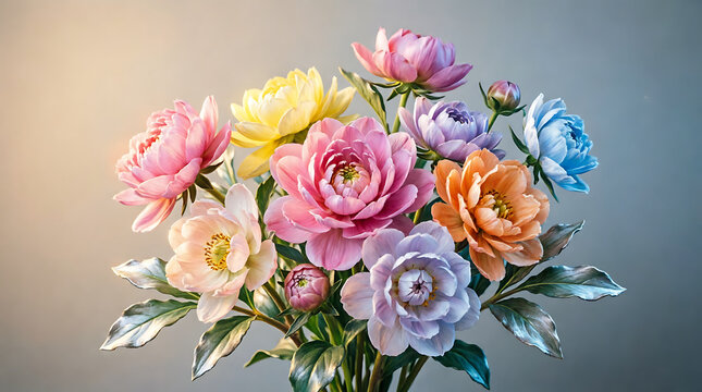 Vibrant bouquet of multicolored roses arranged in clear glass vase with copy space on neutral background