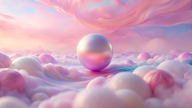 A single iridescent pearl rests amidst swirling pastel clouds during a serene dawn with soft ethereal light
