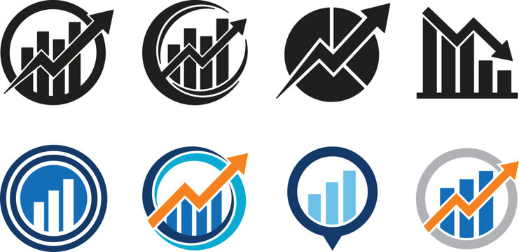 Business Growth and Financial Loss Graph Icon Set with Bullish Arrow Up and Bearish Market Trend Down Vector Graphic Elements for Corporate Data Analytics