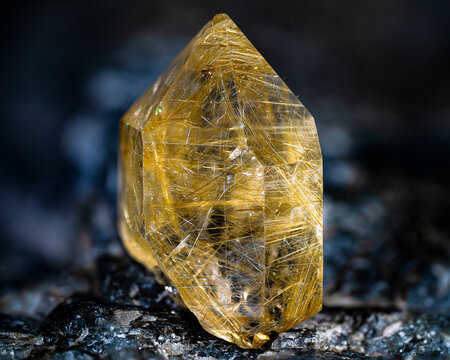 Golden Rutilated Quartz Crystal Point on Dark Stone
