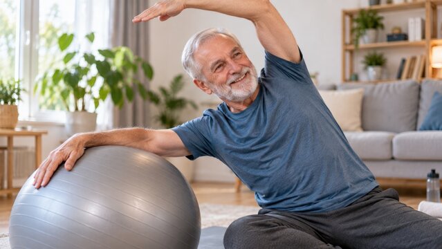 Active Senior Man Stretching with Exercise Ball During Home Fitness Workout