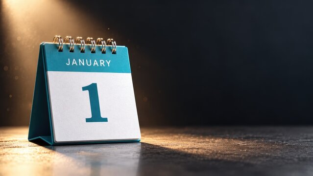 January 1 Desk Calendar in Warm Dramatic Light with Dark Copy Space