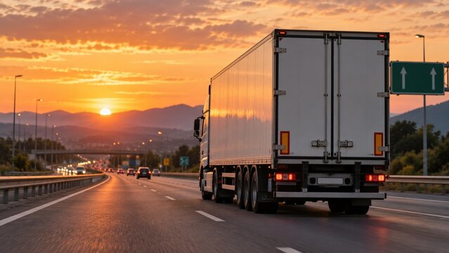 Cargo Truck Driving on Modern Highway at Golden Sunset with Mountain Landscape