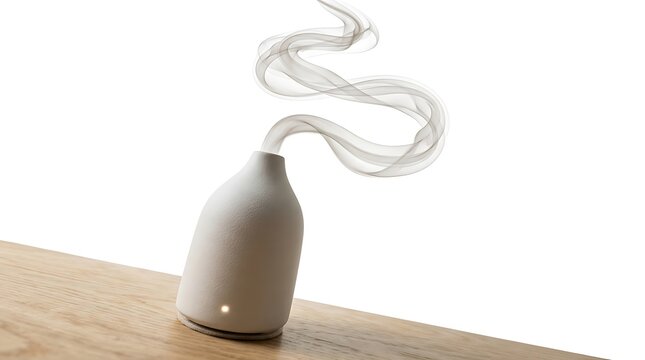 Modern ceramic diffuser emitting essential oil mist on wooden surface for aromatherapy session